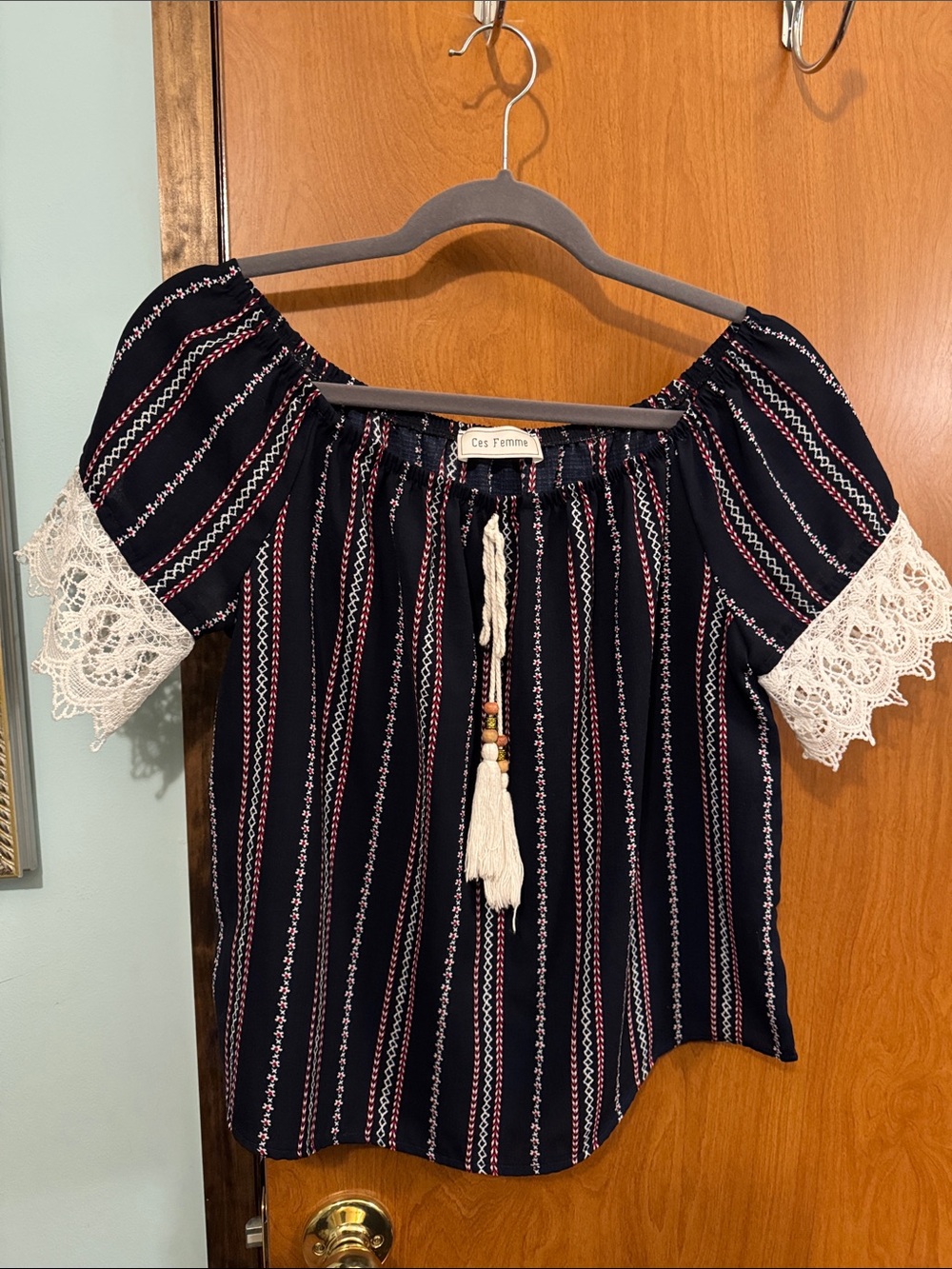 Red, White & Navy Striped  Top with Lace Sleeves